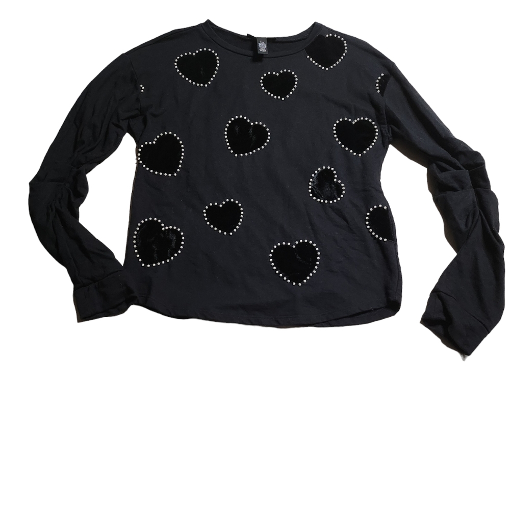 INC Women's Black w/Pearl outlined Velvet Hearts Valentine's Long-Sleeve Top SP - Picture 1 of 7